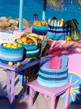 crocheted baskets on tables