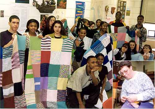 photo of teens with afghans and Rosemarie Carvalho knitting (inset)